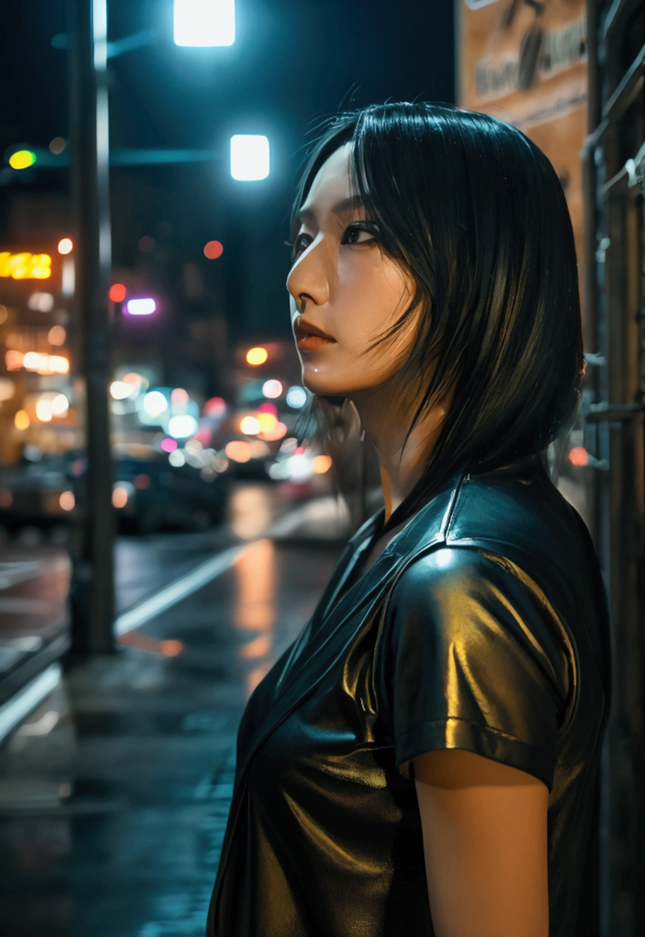 a beautiful asian woman walking at night in new york city, detailed facial features, beautiful detailed eyes, beautiful detailed lips, extremely detailed eyes and face, long eyelashes, realistic, photorealistic, photo-realistic:1.37, best quality, 8k, highres, masterpiece:1.2, ultra-detailed, hyper-realistic, cinematic lighting, moody intricate details, cinematic composition,realistic, photorealistic, 8k, best quality, masterpiece, ultra-detailed, physically-based rendering, professional, plan eloignéé,ultra detailed background, ultra detailed face, real asian, , Realistic Skin Texture, Texture, Detailed Eyes, texture, eyes detailled, Detail, Highly Detailed, Sharp Focus, Detailed Skin , establishing shot, wide angle, street at night, tall buildings, neon signs, headlights, reflections on wet pavement, atmospheric fog, urban landscape