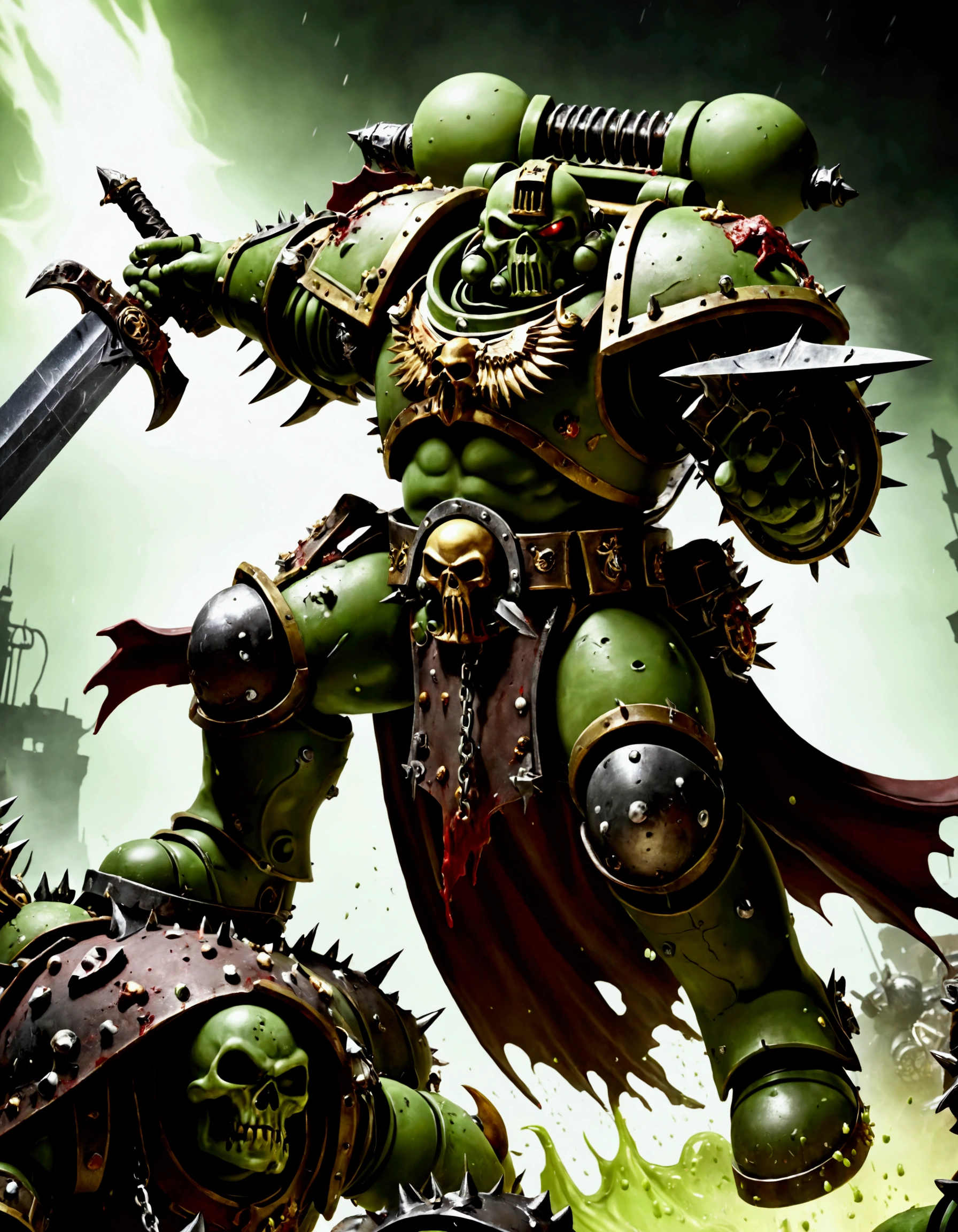 (Warhammer 40k)Chaos Space Marine of Nurgle, armor leaking slime and gore, bloated, attacking with a chain sword, viewed from a low angle, battlefield
