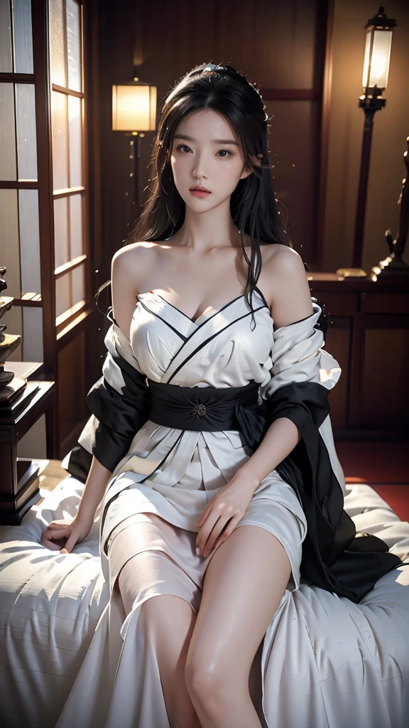 masterpiece, 1 woman per 1 photo, full body, live front view, subject composition facing down from above, a)) Geisha model Sleep on your back looking up. On the bed. Inside the castle. wearing Geisha clothes. Bare shoulders. with decorative tattoos on the body + shooting from the top angle: detail face and skin texture, detail eyes, double eyelids,