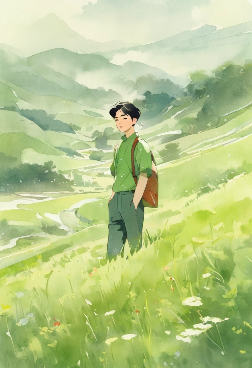 an asian man with casual cothes, in green meadow
