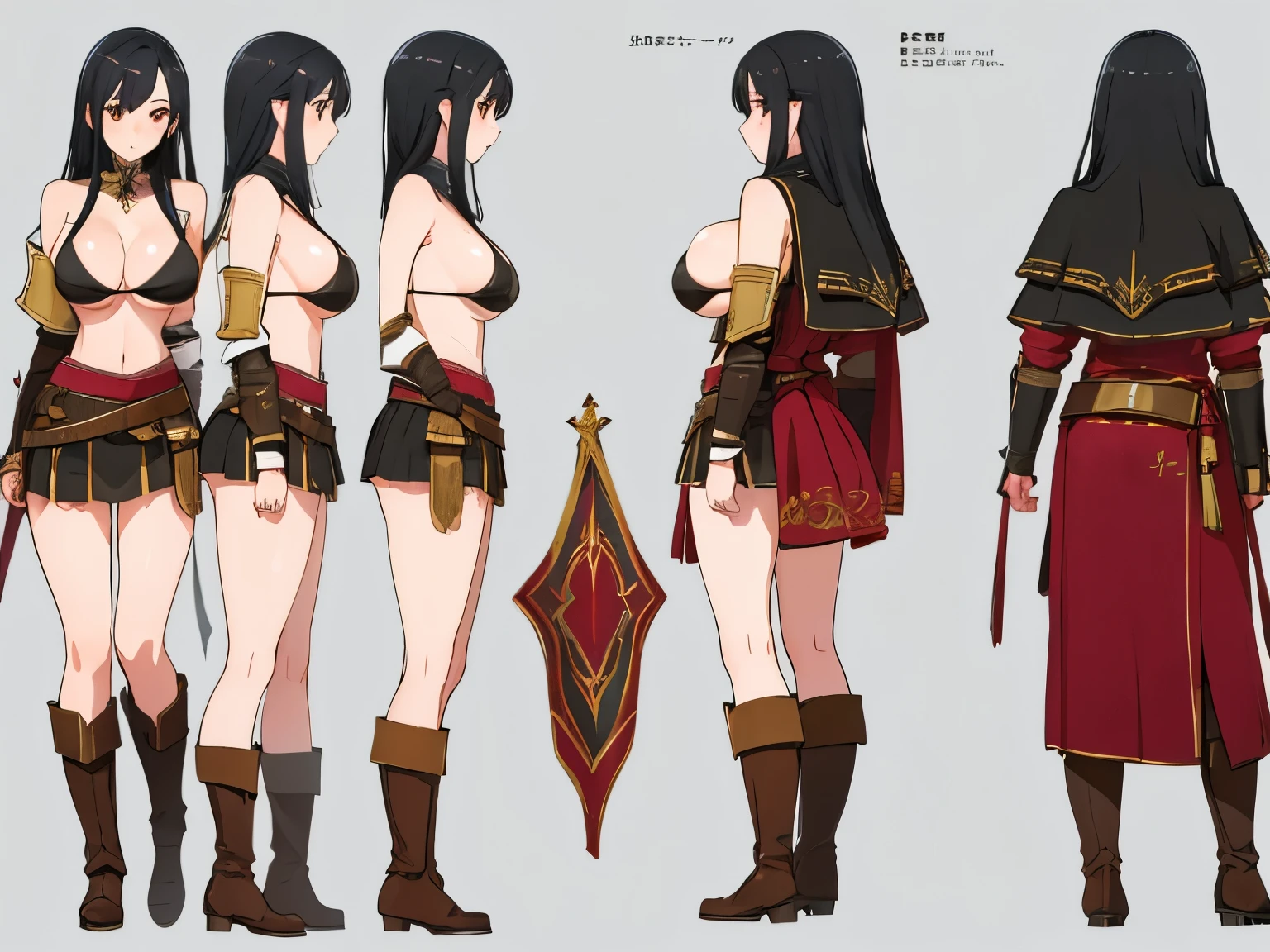 human girl adult woman, very tall with long black hair, long legs, big breasts, brown eyes, bikini armor, high boots, 8k, hd, masterpiece, full body, white background, character design in various perspectives, front, back, 3/4, profiles