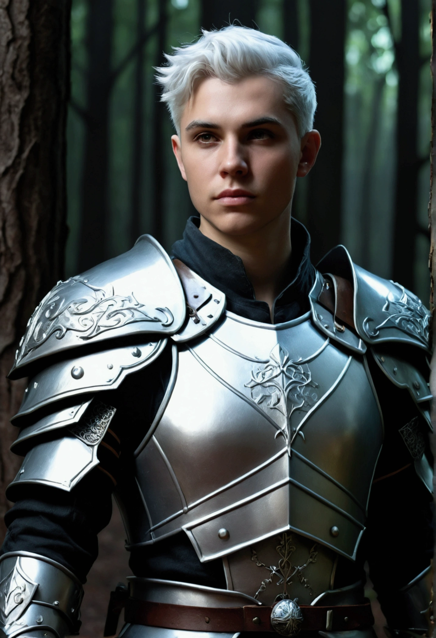 fantasy short white haired cleric, 28 years old, dungeons and dragons style, realistic, silver armour, in a forest at night