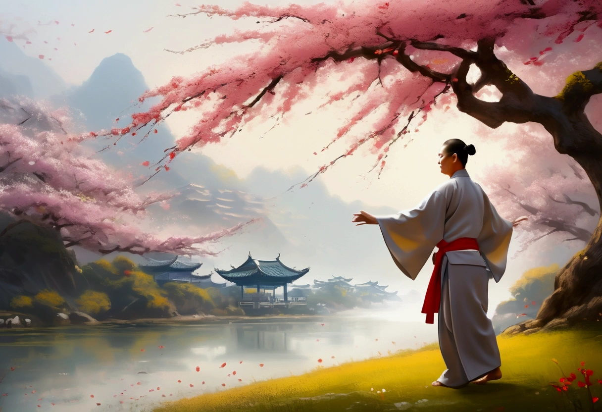 Create a world-class masterpiece that intertwines the elegance of Tai Chi with the simplicity and beauty of everyday life. Imagine a serene park at dawn, where an elderly master gracefully practices Tai Chi under a blossoming cherry tree, his movements fluid and harmonious. Nearby, a family enjoys a peaceful morning, children playing and adults engaging in gentle conversation. The scene is imbued with a sense of balance and tranquility, capturing the essence of Tai Chi’s philosophy in the context of daily living. The artwork should blend traditional Chinese painting techniques with contemporary realism, emphasizing the harmony between humans and nature, and the peaceful coexistence of different generations，a warm color palette，Abstract screen，ultra-realistic realism，Clear contour light，rim-light，fanciful，spotlight lights
