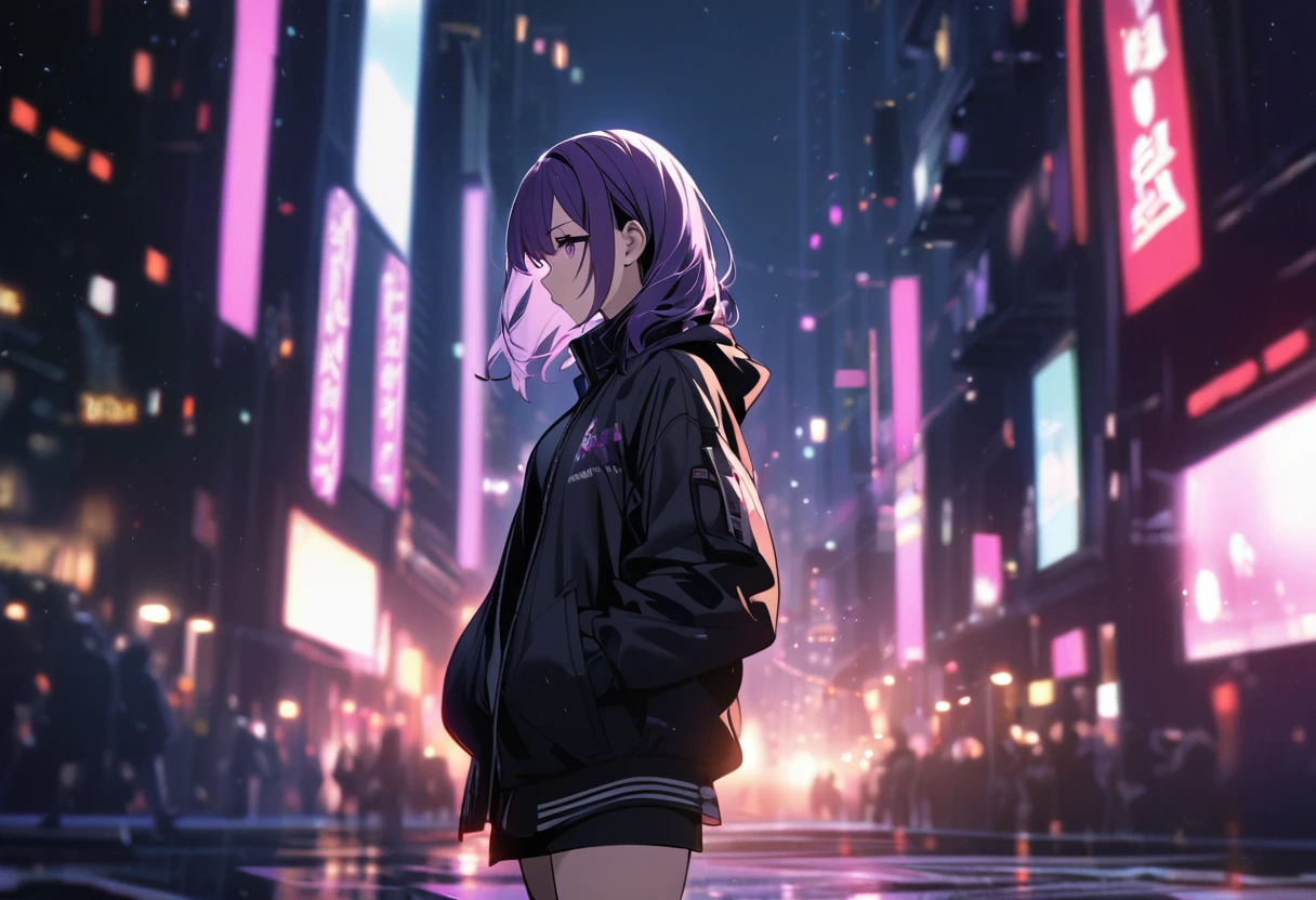 1 girl with short purple hair, standing in the middle of the night city, with lights (a bit blurry), wearing a black jacket, hands in pockets,