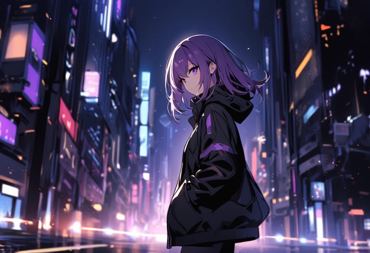 1 girl with short purple hair, standing in the middle of the night city, with lights (a bit blurry), wearing a black jacket, hands in pockets,