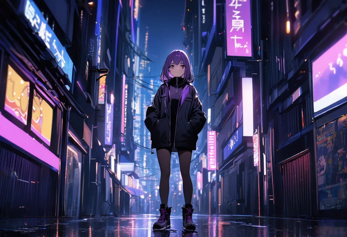 1 girl with short purple hair, standing in the middle of the night city, with lights (a bit blurry), wearing a black jacket, hands in pockets,