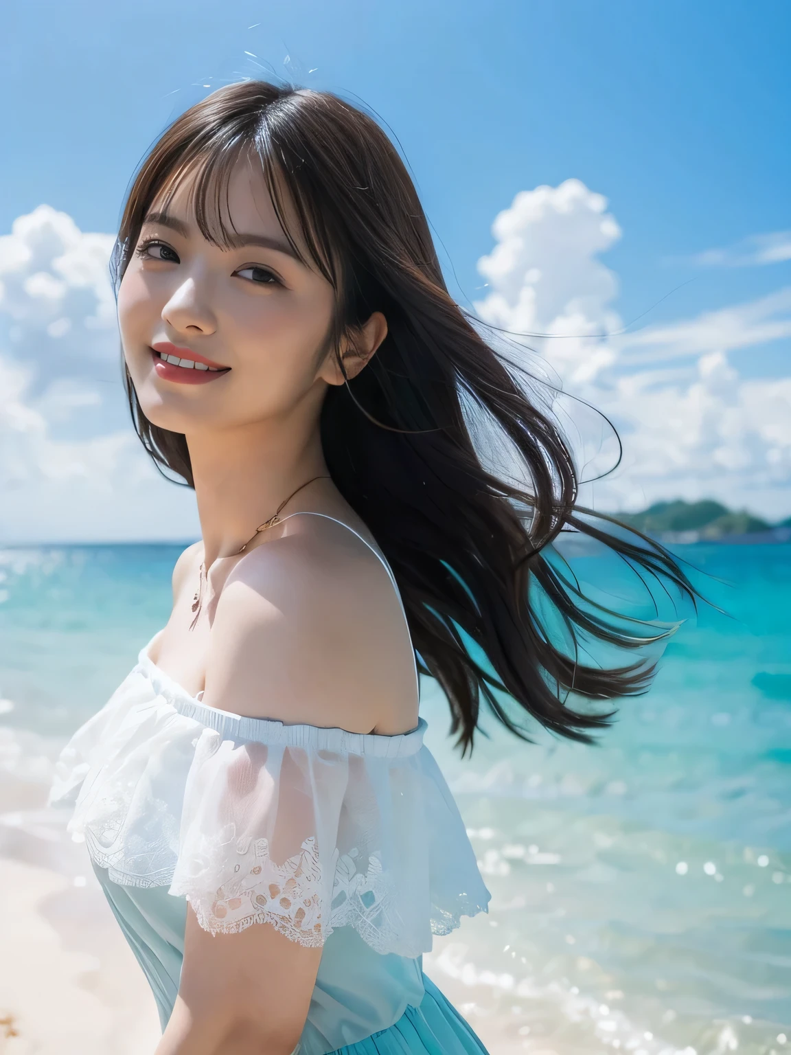 ((top-quality、masutepiece、8K、Top image quality、Hyper-Realism))、(1 photo:1.3)、(Beauty 1 person)、(Photo above from the female breast:1.2)、smile looking at me、the most detailed face、sparkling gemstone necklace、Off-shoulder top with ruffles、Standing on the beach、the most beautiful sea、Beautiful sky、beautiful thunder clouds、Refreshing sea in the background、Shining beautiful sea background、
