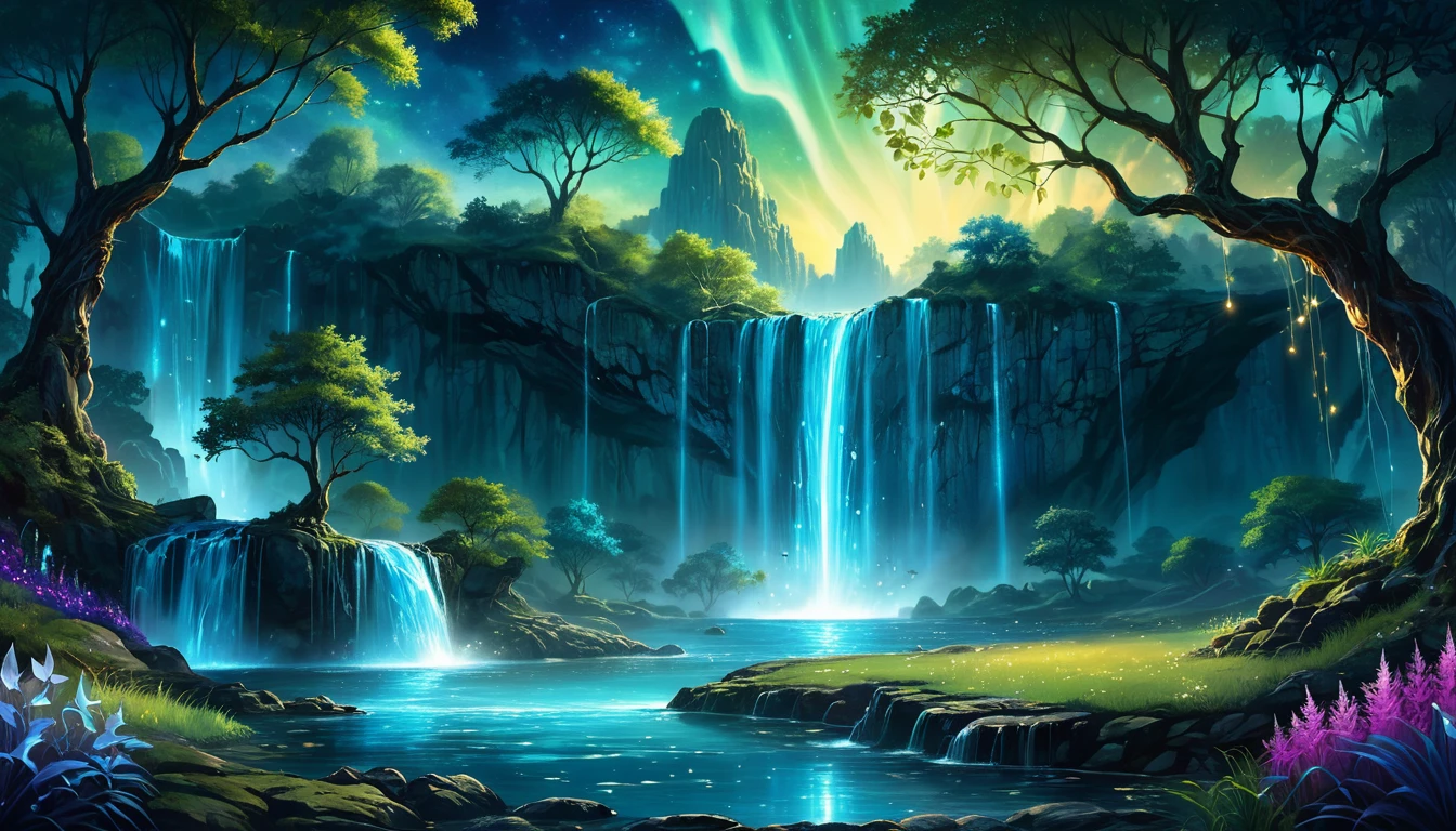 a painting of a nightime radiant high rocky waterfall and a large glowing magic tree in the middle of a field, magical background, fantasy painting hd, background artwork, magical landscape, mystical fantasy landscape, water everwhere fantasy, magical flower grasses environment, beautiful fantasy painting, fantasy art landscape, mystical setting, with trees and waterfalls, digital art fantasy, enchanted magical fantasy forest, beautiful detailed fantasy, magical forest backround