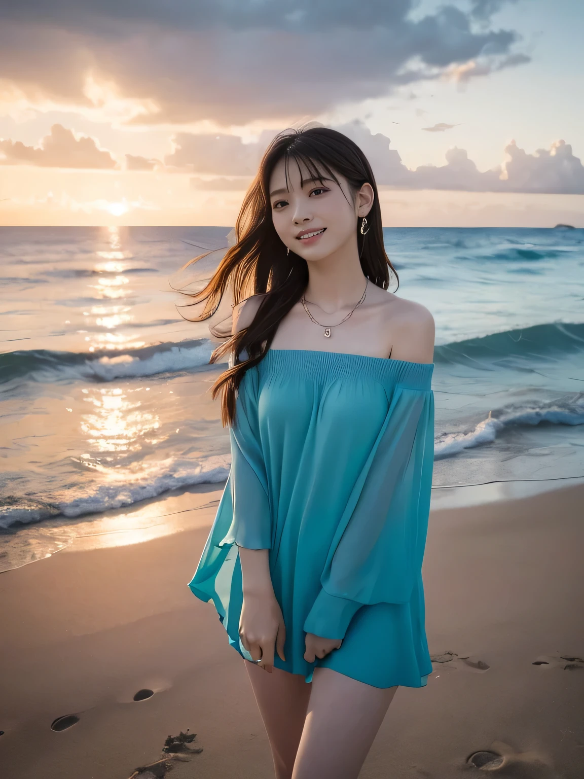 ((top-quality、masutepiece、8K、Top image quality、Hyper-Realism))、(1 photo:1.3)、(Beauty 1 person)、(Photo above from the female breast:1.2)、smile looking at me、the most detailed face、sparkling gemstone necklace、Off-shoulder top with ruffles、Standing on the beach、the most beautiful sea、Beautiful sky、beautiful thunder clouds、Refreshing sea in the background、Shining beautiful sea background、