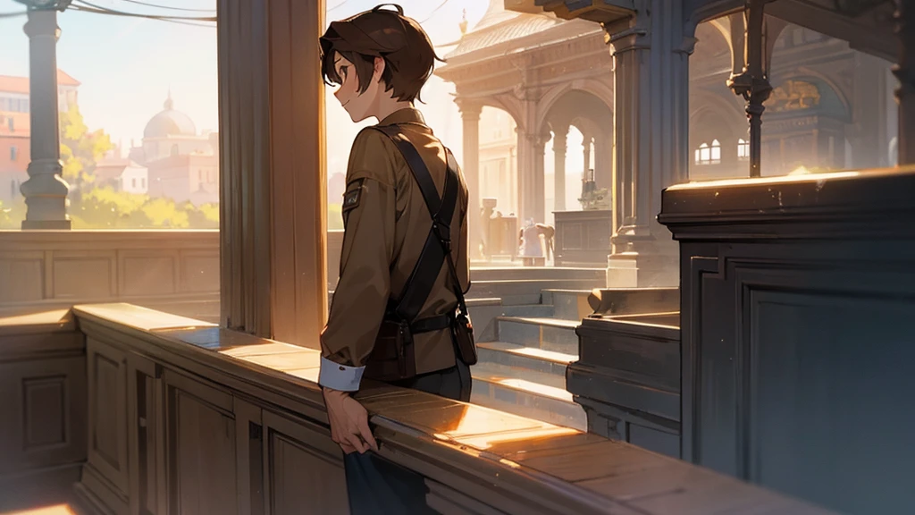 Take a photo of a moment of romance between a boy with dark brown hair,protagonist is a sweet girl with light brown hair