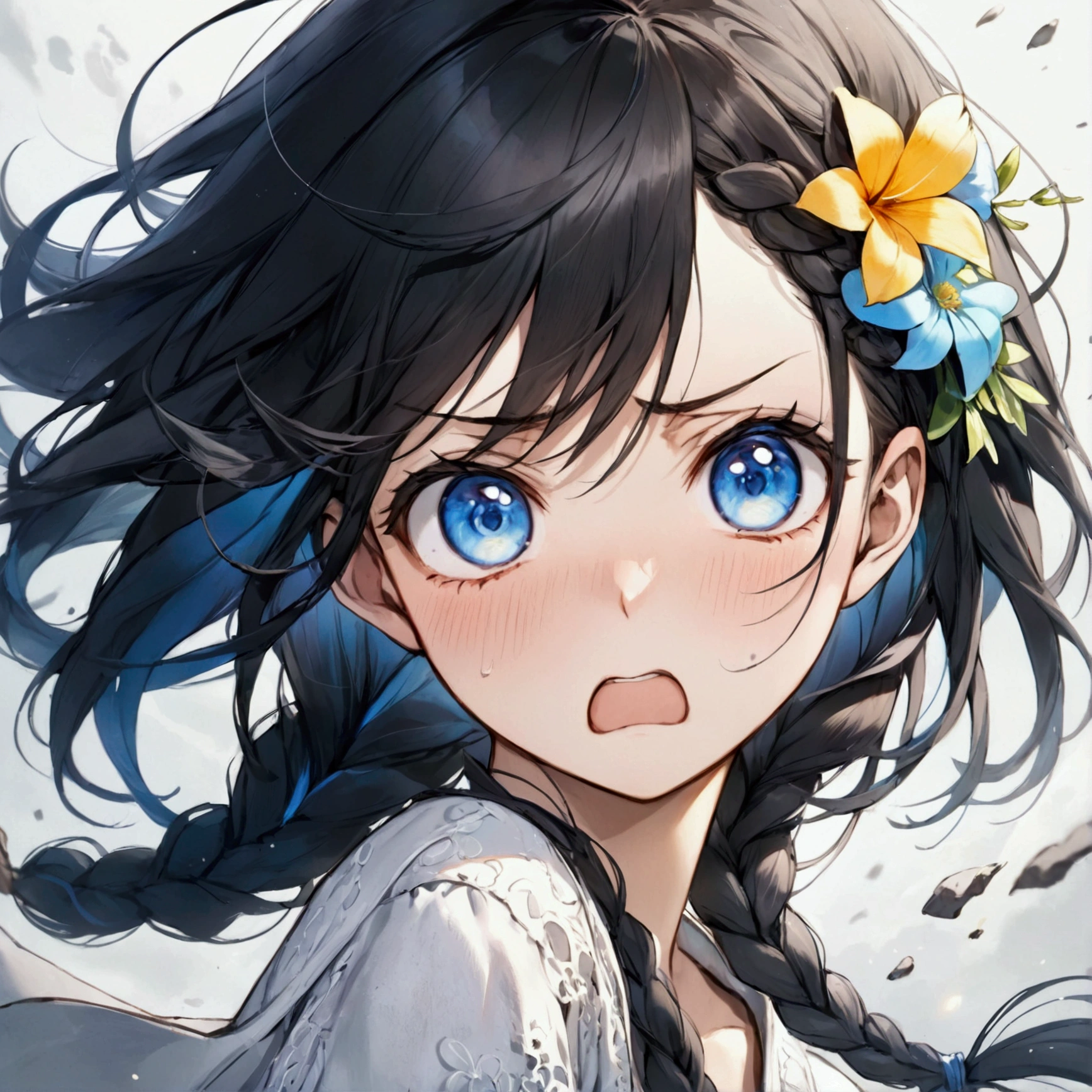 One girl, solo, Textured skin, detail, Highest quality, Black Hair, Hair blowing in the wind, Braided long hair, blue eyes, Glare/Make a displeased face/Dissatisfied, Grit your teeth, Character portrait, Aperture F2.8, Hair Flower,