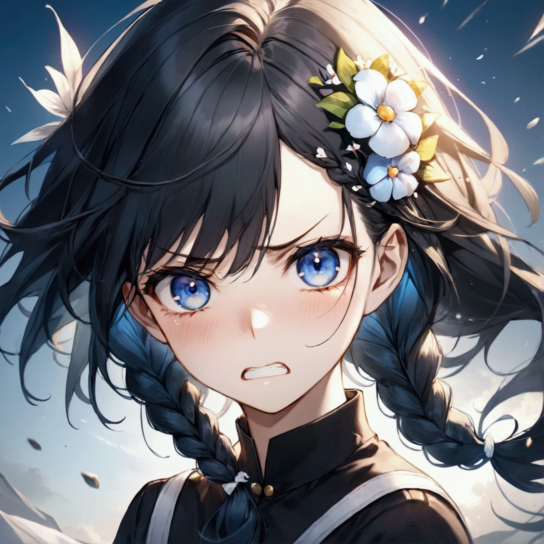 One girl, solo, Textured skin, detail, Highest quality, Black Hair, Hair blowing in the wind, Braided long hair, blue eyes, Glare/Make a displeased face/Dissatisfied, Grit your teeth, Character portrait, Aperture F2.8, Hair Flower, 