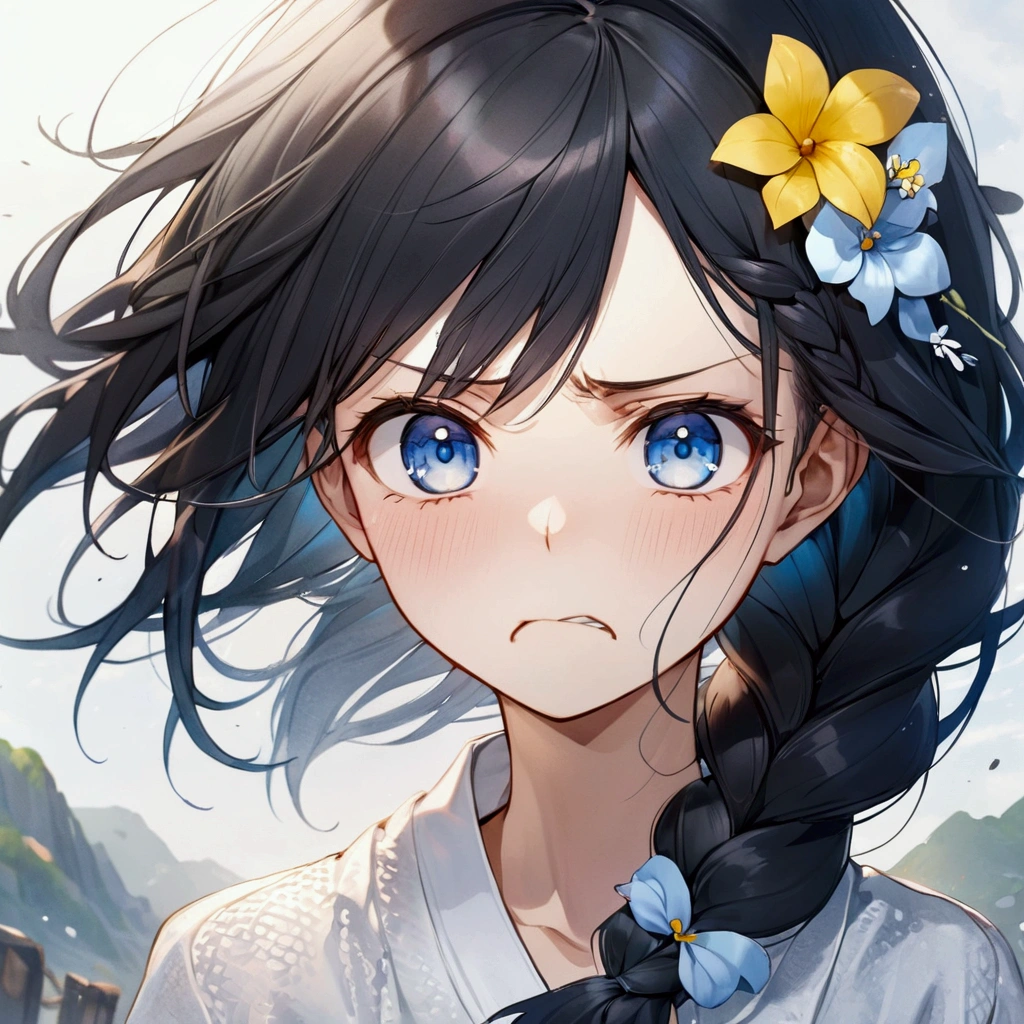 One girl, solo, Textured skin, detail, Highest quality, Black Hair, Hair blowing in the wind, Braided long hair, blue eyes, Glare/Make a displeased face/Dissatisfied, Grit your teeth, Character portrait, Aperture F2.8, Hair Flower,