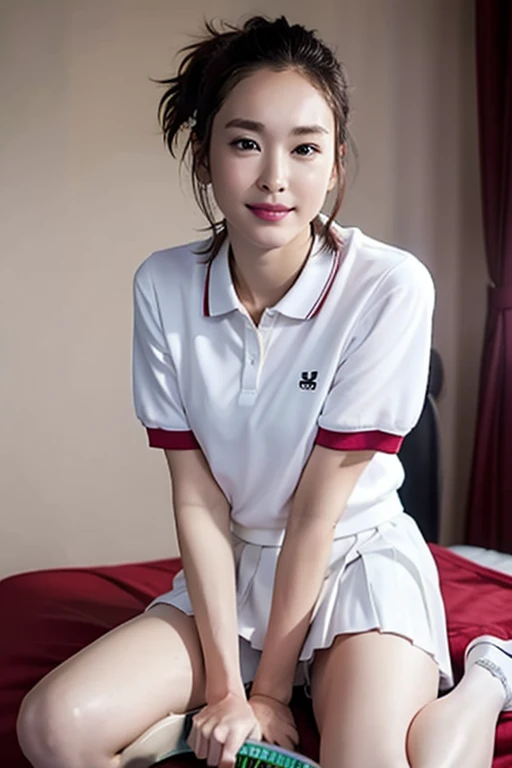 (Masterpiece, Best quality: 1.4), (Ultra realistic, Photo-realistic: 1.2), Full body, Spread legs, Looking at viewer, Natural light, 30 years old actress, Japanese women, Neat and clean, ((Wearing white tennis uniform, White short-sleeve polo shirt with collar, Not buttoning the polo shirt, White pleated skirt: 1.2)), (Short wavy hair: 1.2), Light brown hair color, (Beautiful Face), Oval face, clear, (Beautiful eyes, Kind eyes), (Clear skin), Small face, (Small mouth, Beautiful mouth), Natural makeup, (Wearing white socks: 1.1), Approachable, Hotel Suite room,On bed, Seductive smile, Seductive pose, Beautiful thighs, Bedroom eyes, Embarrassed, blush