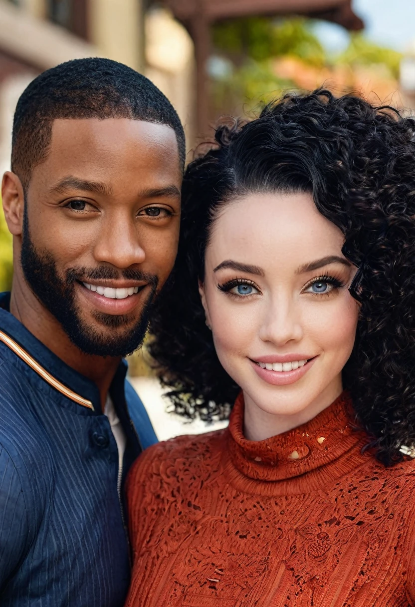 Emma Dumont and a handsome African American male whose facial features are a combo of Nathan Mitchell + Kelvin Harrison, Jr. + Isaiah Mustafa + Broderick Hunter pose together for a photo. Both are smiling. Both are attired attractively but casually for a date. Emma has lovely makeup on her face. Daytime. Romantic ambiance. Symmetrical eyes. Symmetrical faces. Lovely details. Photorealistic. Full-colored photo. Professional photo. Highly detailed 8K.