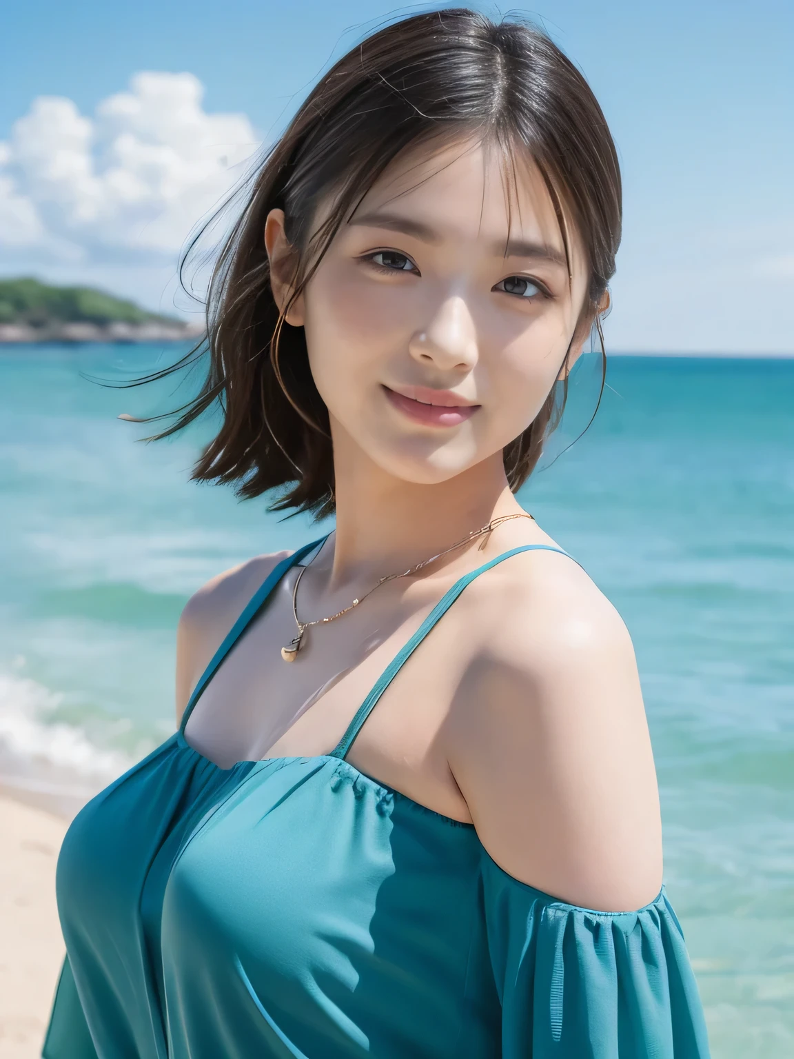 ((top-quality、masutepiece、8K、Top image quality、Hyper-Realism))、(1 photo:1.3)、(Beauty 1 person)、(Photo above from the female breast:1.2)、smile looking at me、the most detailed face、sparkling gemstone necklace、Off-shoulder top with ruffles、Standing on the beach、the most beautiful sea、Beautiful sky、beautiful thunder clouds、Refreshing sea in the background、Shining beautiful sea background、