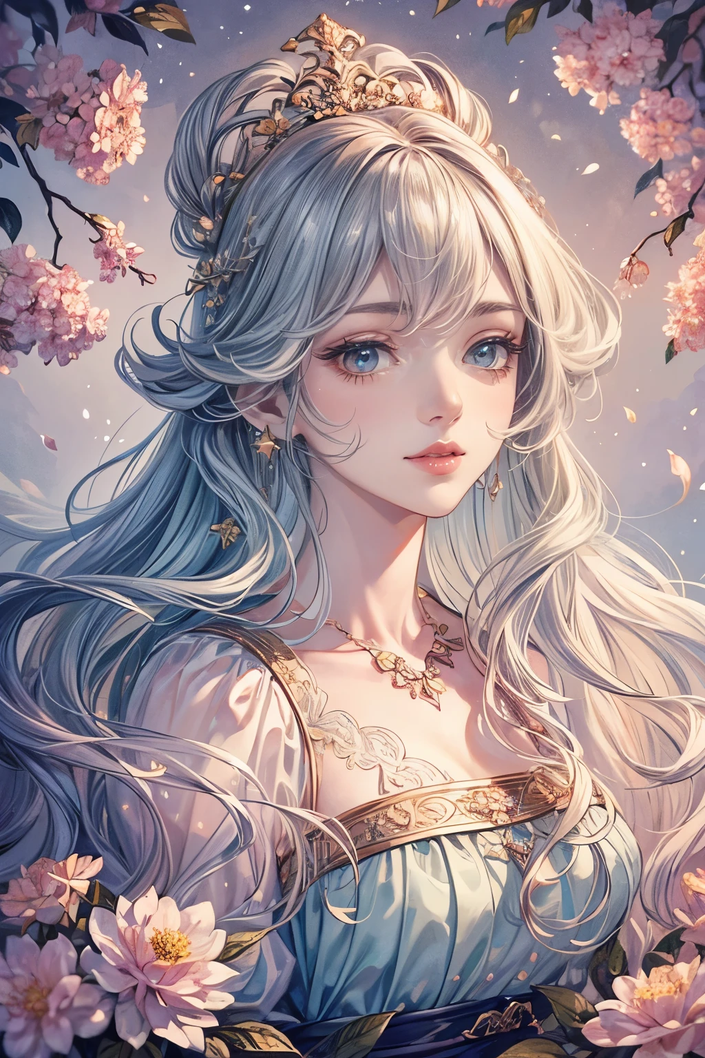 (best quality,8K,CG),Rich details on the upper body, girl,Floral forest background,Complex facial features,Elegant long curly hair,big almond shaped eyes,Detailed eye makeup,Long eyelashes,Twinkling Stars,Exquisite lip details,Pastel style.