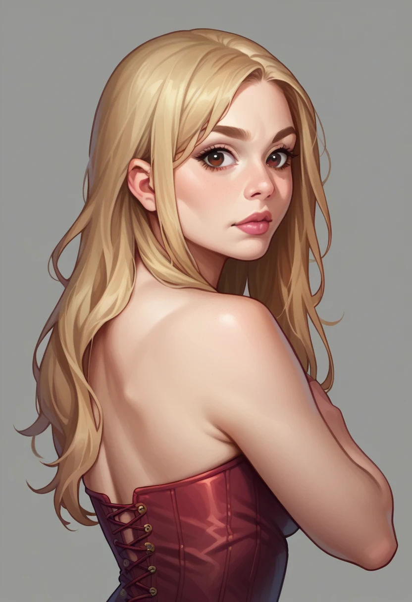 One girl, alone, View your viewers, Blonde long hair, Wearing a corset, Big Ass, Brown eyes, Upper Body, Gray background, Normal , lips, Realistic, A konigsreuter