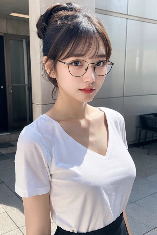 High resolution、Photorealistic、Hyperrealism、Woman portrait、whole body、Slender body、Realistic、Beautiful Japanese Women、、Black-haired、Lots of Bangedium Bobs、Detailed face、Detailed lips、Beautiful Eyes、Glowing Skin、One person、Ideal beauty、Medium chest、White lightweight V-neck T-shirt、Black Pencil Skirt、(Playing with the chest:0.2)、office、The background is faded、Glasses, Upper body naked、Nipples、((ponytail、Updo, short hair))、No underwear