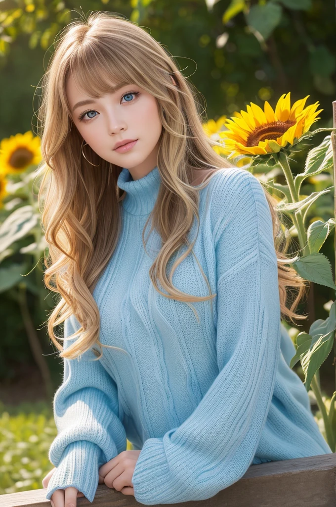 ((masterpiece, best quality, ultra-detailed, high resolution, extremely detailed CG, super detailed, Most beautiful clean lighting)), 1 girl, give a faint smile, Half Japanese, Multiple long drill hair, Large amount of hair, curly hair in vertical rolls, shiny blonde Long hair, Beautiful blue eyes, Elegant, curvy body, Beautiful lady, summer sweater, Midsummer Scenery, sunflower field