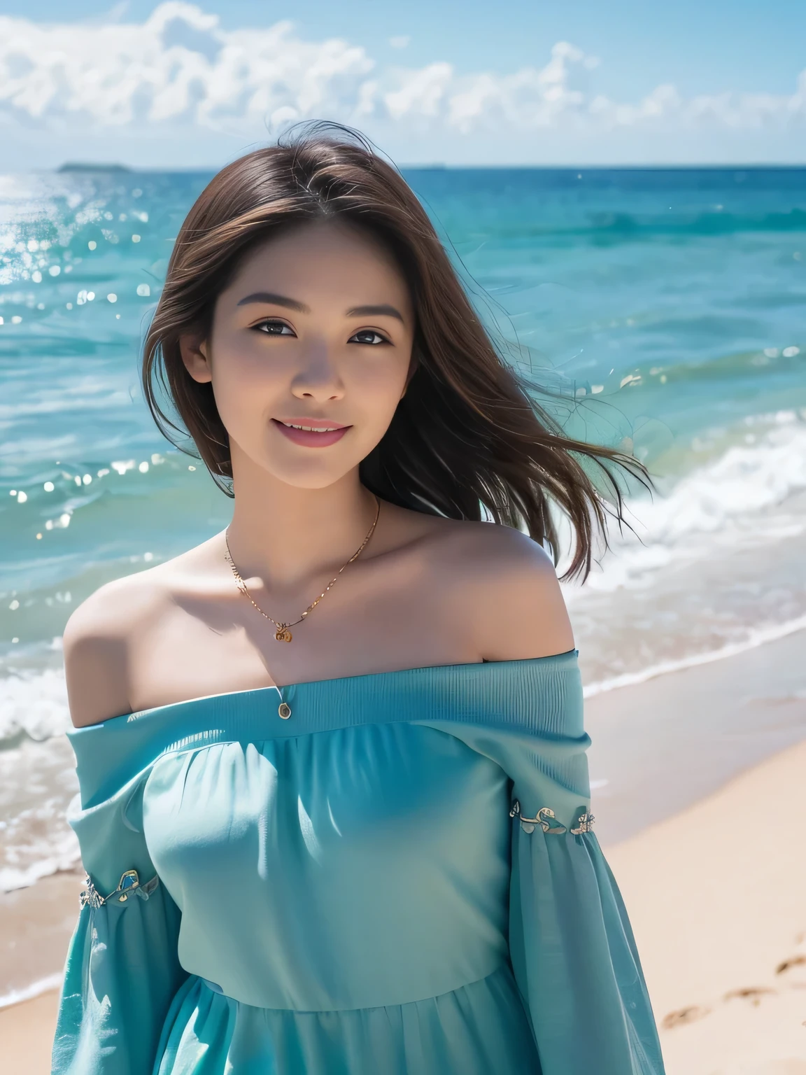 ((top-quality、masutepiece、8K、Top image quality、Hyper-Realism))、(1 photo:1.3)、(Beauty 1 person)、(Photo above from the female breast:1.2)、smile looking at me、the most detailed face、sparkling gemstone necklace、Off-shoulder top with ruffles、Standing on the beach、the most beautiful sea、Beautiful sky、beautiful thunder clouds、Refreshing sea in the background、Shining beautiful sea background、