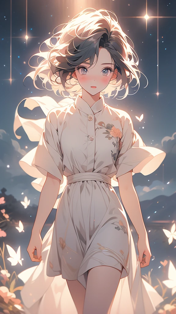 National Science Foundation,masterpiece,High resolution,digit,Kyoto Animation Style,your name movie style,night,midnight,Light,(1 female: 1.3),(alone: 1.4),long eyelashes,slender legs,short bob,sexy pose,Nothing to wear,close up,close view,nightstarry sky,Eyes as deep as the starry sky,Blushed,open mouth,(Tearing up)