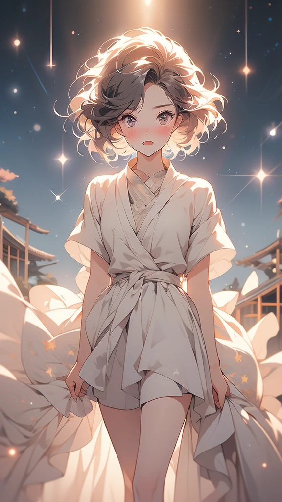 National Science Foundation,masterpiece,High resolution,digit,Kyoto Animation Style,your name movie style,night,midnight,Light,(1 female: 1.3),(alone: 1.4),long eyelashes,slender legs,short bob,sexy pose,Nothing to wear,close up,close view,nightstarry sky,Eyes as deep as the starry sky,Blushed,open mouth,(Tearing up)