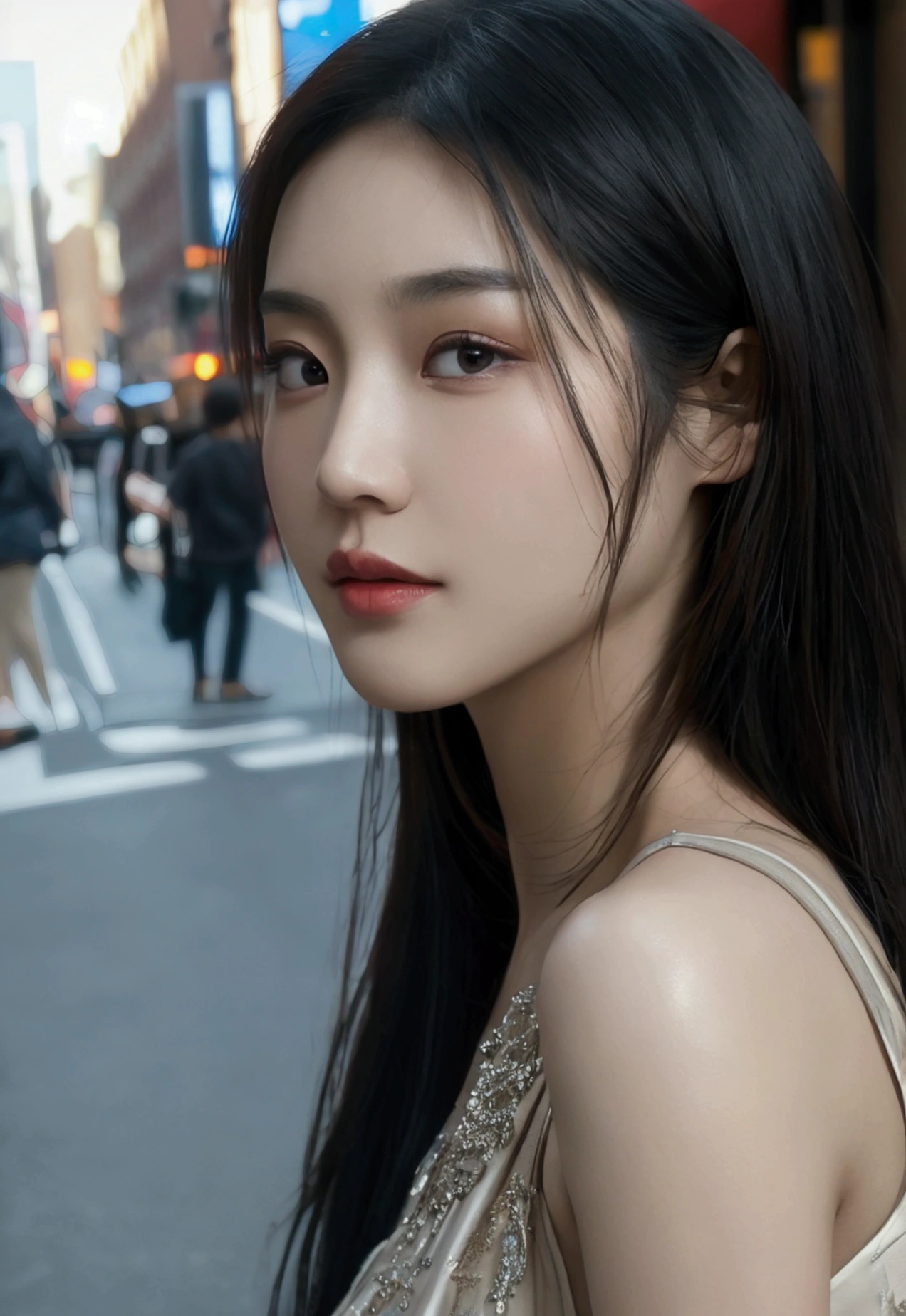 a beautiful asian girl walking down a new york city street, detailed facial features, high quality detailed skin, detailed dress, street scenery, realistic lighting, 8k, hyper detailed, photorealistic, beautiful detailed eyes, beautiful detailed lips, extremely detailed eyes and face, long eyelashes, realistic, photorealistic, photo-realistic:1.37, best quality, 8k, highres, masterpiece:1.2, ultra-detailed, hyper-realistic, cinematic lighting, moody intricate details, cinematic composition,realistic, photorealistic, 8k, best quality, masterpiece, ultra-detailed, physically-based rendering, professional, plan eloignéé,ultra detailed background, ultra detailed face, real asian, , Realistic Skin Texture, Texture, Detailed Eyes, texture, maximun detail on the background, no blurring