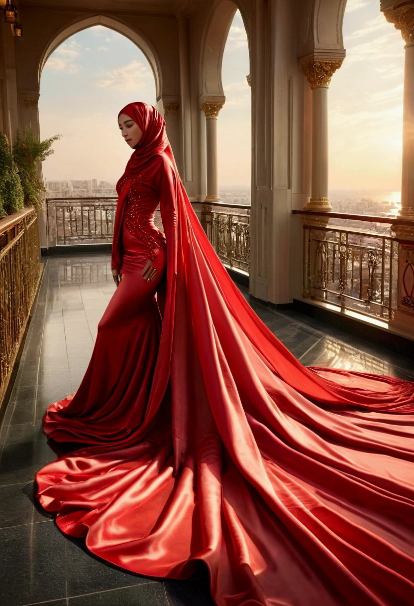 An alluring woman shrouded in a 4-meter-long, plush red satin cloth, tightly bound and grandly draping along the form of her body, flowing off into a pooled floor-length train, styled in a mermaid-inspired outfit, her head modestly veiled in a satin hijab, over loong outfit stuck in something,stand in balcony,a full-body pose conveying a sense of mysterious elegance, captured in a 4k resolution, ultra-realistic