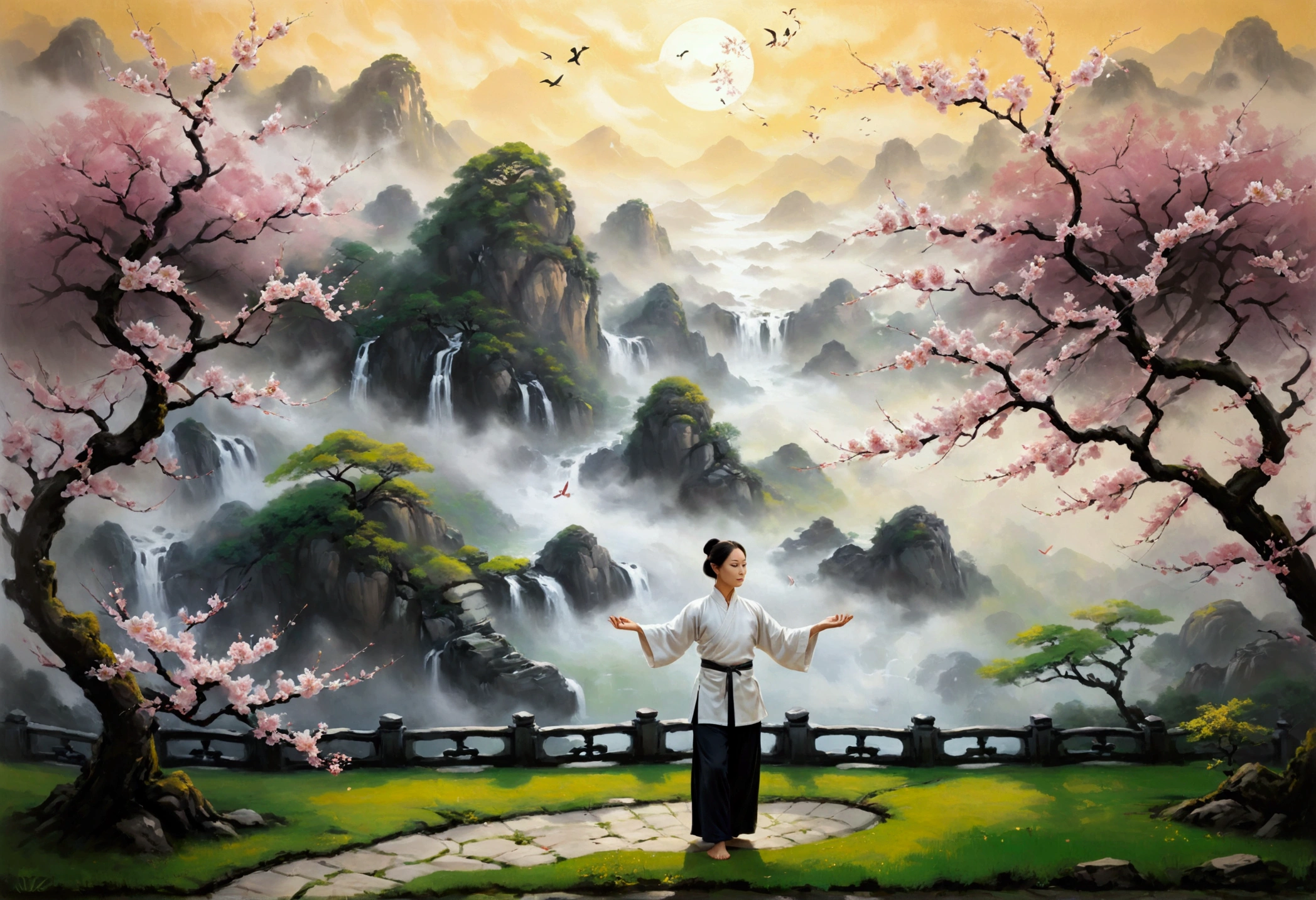 Create a world-class masterpiece that intertwines the elegance of Tai Chi with the simplicity and beauty of everyday life. Imagine a serene park at dawn, where an graceful girl gracefully practices Tai Chi under a blossoming cherry tree, his movements fluid and harmonious. Nearby, a family enjoys a peaceful morning, children playing and adults engaging in gentle conversation. The scene is imbued with a sense of balance and tranquility, capturing the essence of Tai Chi’s philosophy in the context of daily living. The artwork should blend traditional Chinese painting techniques with contemporary realism, emphasizing the harmony between humans and nature, and the peaceful coexistence of different generations,a warm color palette,Abstract screen,ultra-realistic realism,Clear contour light,rim-light,fanciful,spotlight lights