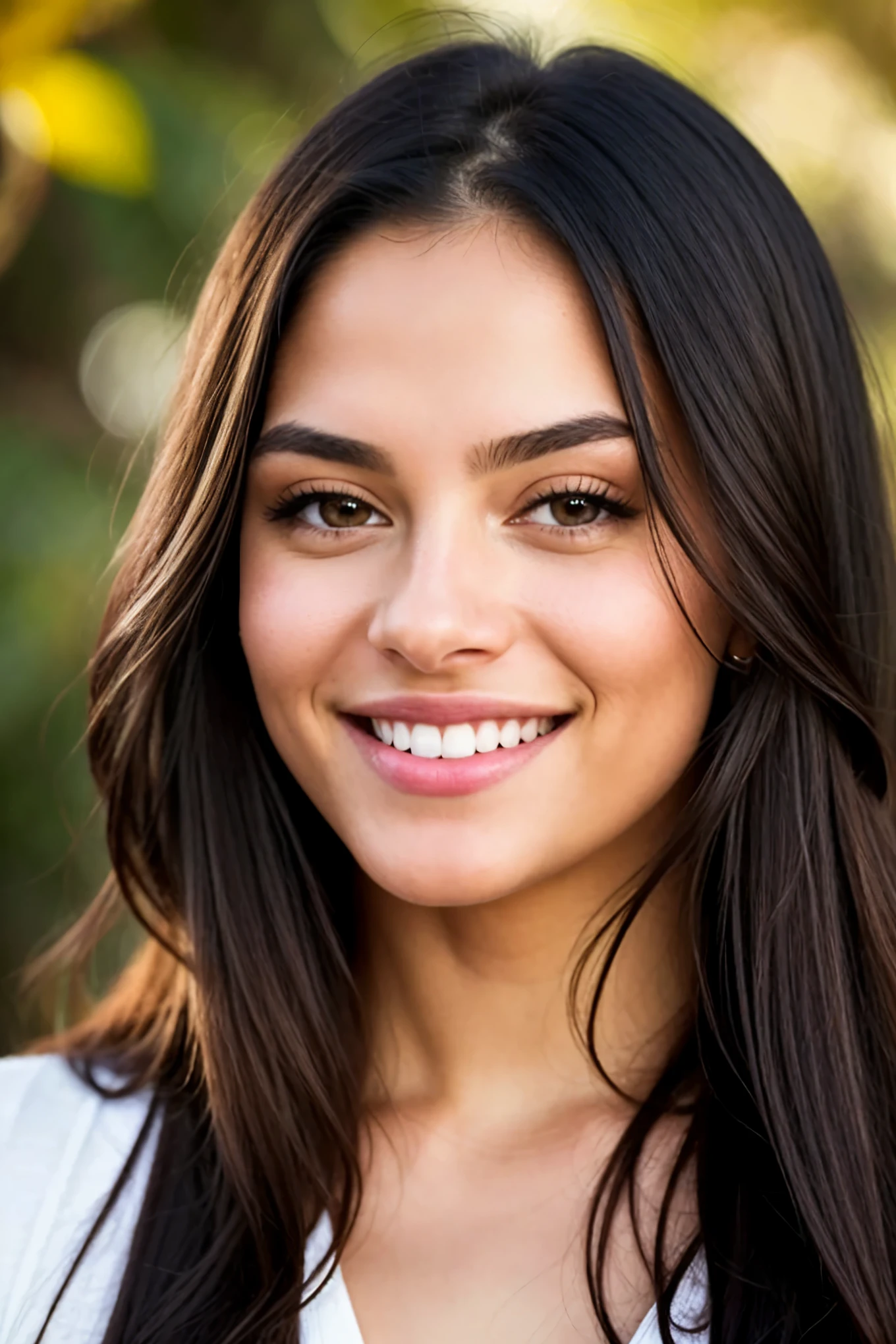 High-resolution, photorealistic portrait, featuring a radiantly beautiful lady with honey-colored eyes, displaying a dazzling smile complete with gleaming white teeth (1.3), adorned with long, straight, luscious black hair. The image, capturing the essence of realism, is meticulously focused, highlighting intricate details of her skin, showcasing a realistic texture. The portrait is professionally produced in 4k quality, with a shallow depth of field, utilizing Kodak Vision Color for enhanced color accuracy. The lady's posture is exquisite, her figure perfectly fitting the frame, making this an ultra-realistic masterpiece fit for 8