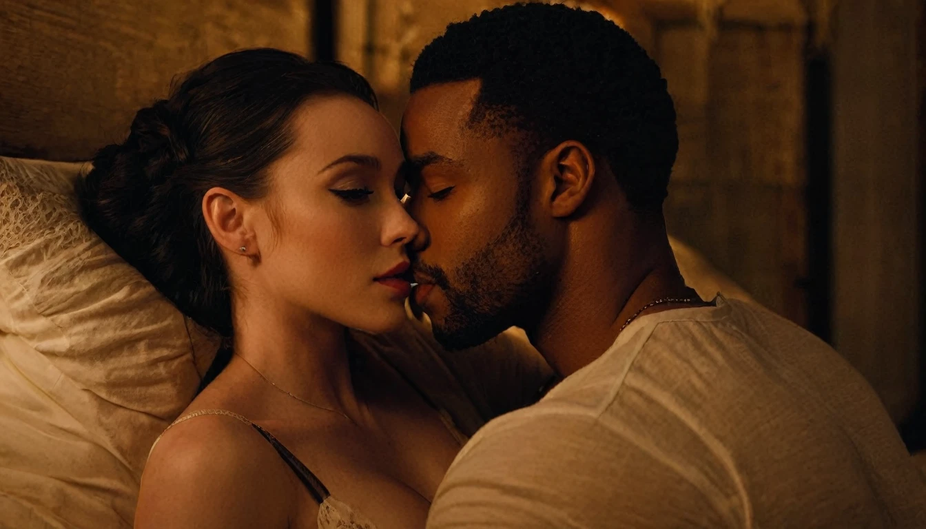 Emma Dumont and a handsome African American male whose facial features are a combo of Nathan Mitchell + Kelvin Harrison, Jr. + Isaiah Mustafa + Broderick Hunter share a steamy kiss inside a bedroom lit only by candlelight. Emma has lovely makeup on her face. Nighttime. Romantic ambiance. Symmetrical eyes. Symmetrical faces. Lovely details. Photorealistic. Full-colored photo. Professional photo. Highly detailed 8K.