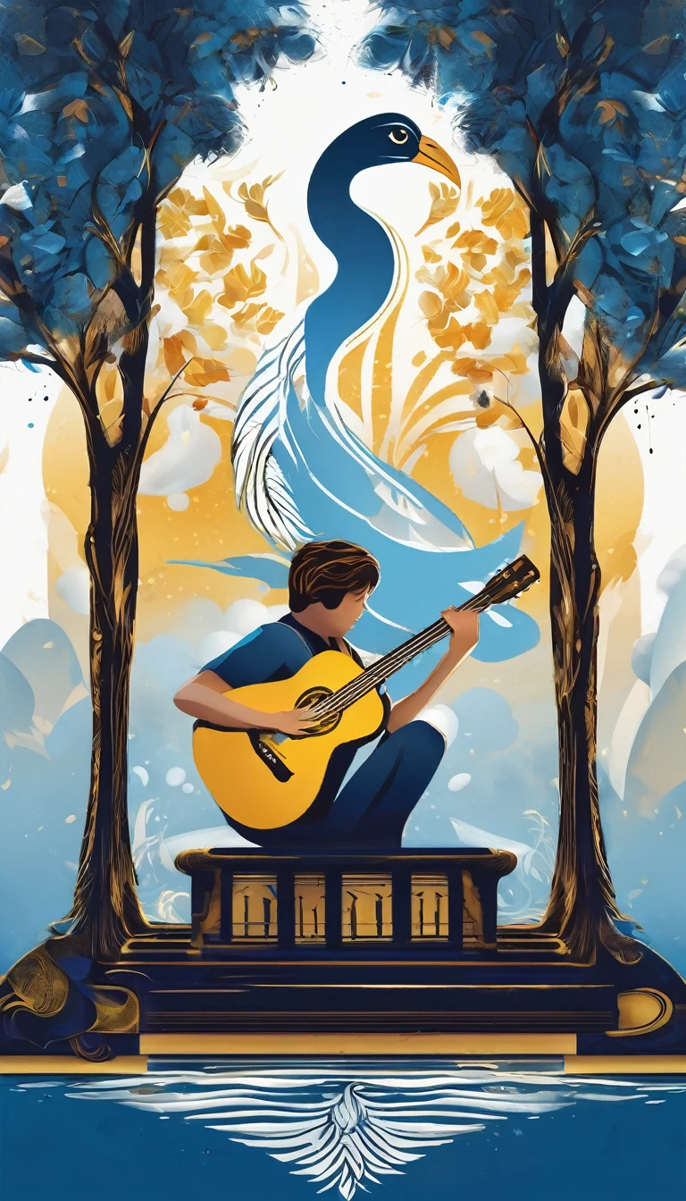 Create a cinematic, abstract symbol for a storytelling production brand based on stories and dreams called " Penamemoria". The logo should convey a fantasy theme and include the company of a boy and a feather. Fantastic, memorable, poetic, dreamy, sitting against a tree and playing guitar to a fantastic, unique, poetic white-blue-golden feather.