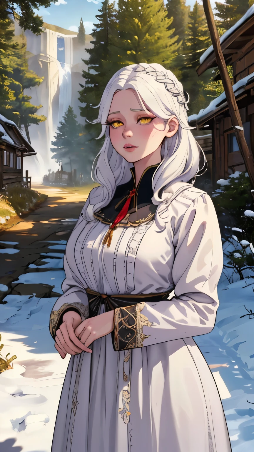 (extremely detailed CG unity 4k wallpaper),(masterpiece),(best quality),(ultra-detailed),(best illustration),(best shadow),(absurdres),(Detailed background),Russian Woman, Very Very Long snow-white hair, Pale Skin, Glowing Golden eyes, Long eyelashes, medium breasts, Simple modest Russian peasant dress, Forest with cute Cottage in the background,