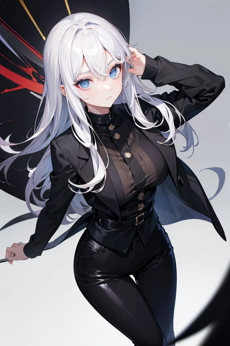 best quality, Masterpiece,hairสีแดง, The eyes are the same color..,black clothes, look up, ,hair,white skin,black pants