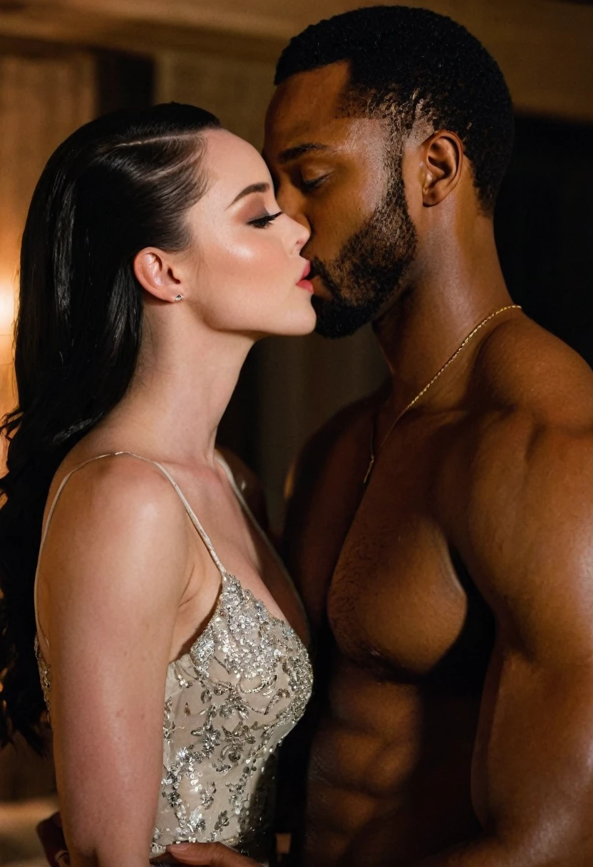 Emma Dumont and a handsome African American male whose facial features are a combo of Nathan Mitchell + Kelvin Harrison, Jr. + Isaiah Mustafa + Broderick Hunter share a steamy kiss inside a bedroom lit only by candlelight. Emma has lovely makeup on her face. Nighttime. Romantic ambiance. Symmetrical eyes. Symmetrical faces. Lovely details. Photorealistic. Full-colored photo. Professional photo. Highly detailed 8K.