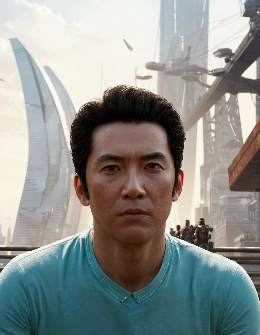 (2k 单位壁纸 CG Extremely detailed, masterpiece, best quality, Extremely detailed), (((Solitary)))), ((Extremely wide-angle lens:1.15)), A man standing on a bridge,A sci-fi city in the background, ((Rear view)), ((whole body)), (High Detail), (complex details), complex, The scene is spectacular, Detailed environment, highly Detailed environment, ilustrador, (masterpiece).