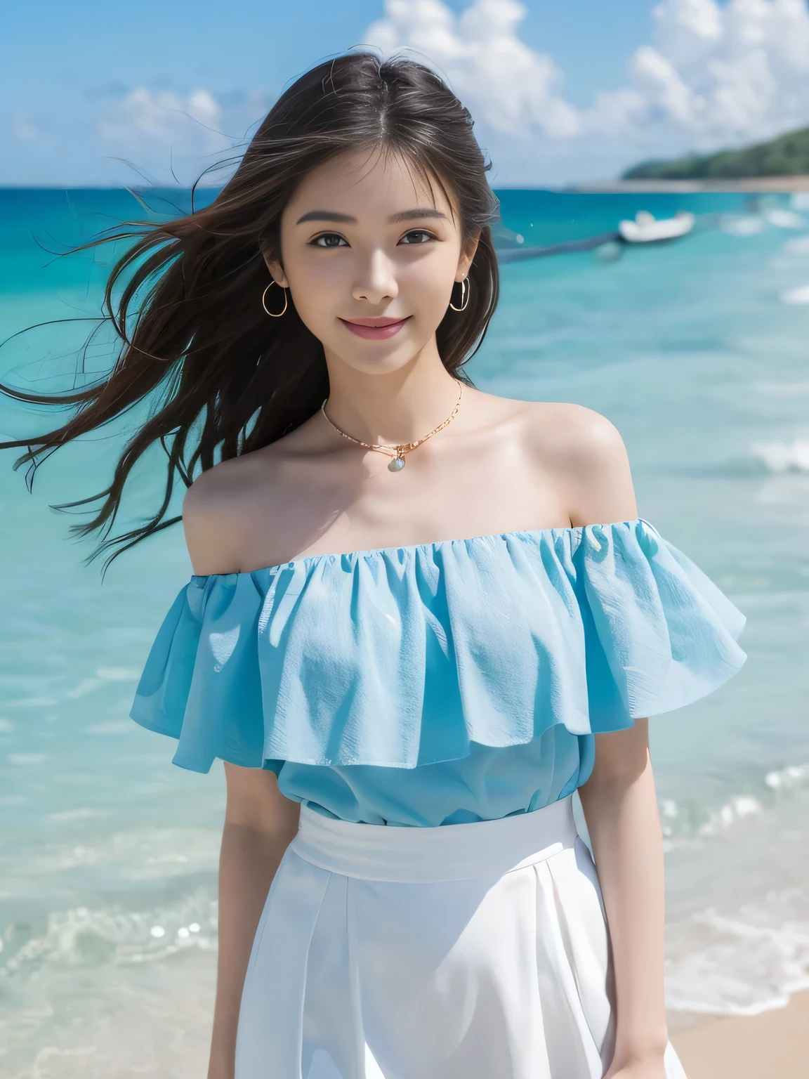 ((top-quality、masutepiece、8K、Top image quality、Hyper-Realism))、(1 photo:1.3)、(Beauty 1 person)、(Photo above from the female breast:1.2)、smile looking at me、the most detailed face、sparkling gemstone necklace、Off-shoulder top with ruffles、Standing on the beach、the most beautiful sea、Beautiful sky、beautiful thunder clouds、Refreshing sea in the background、Shining beautiful sea background、