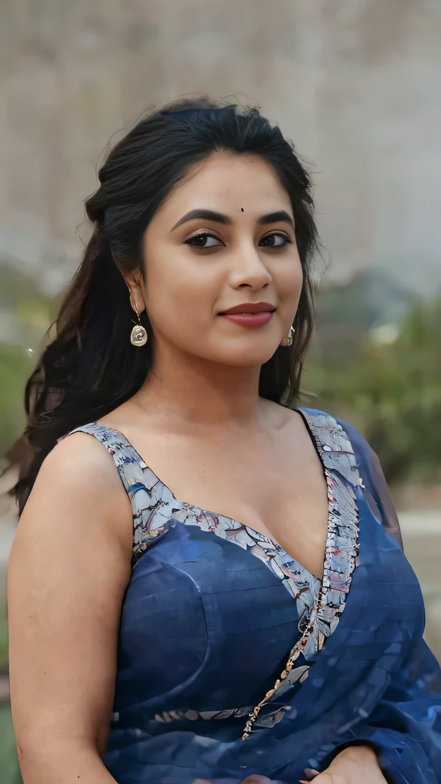 extreme close up photo of sexy Latina, big cheeks, curvy, hourglass figure, swooping breasts, deep cleavage, open arms, sexy armpits, seducing on mountains,in front birthday cake, ponytail, necklace, blue see through strapless saree, look at viewer and subtle smile, (cinematic:1.3), intricate details, (ArtStation:1.2)