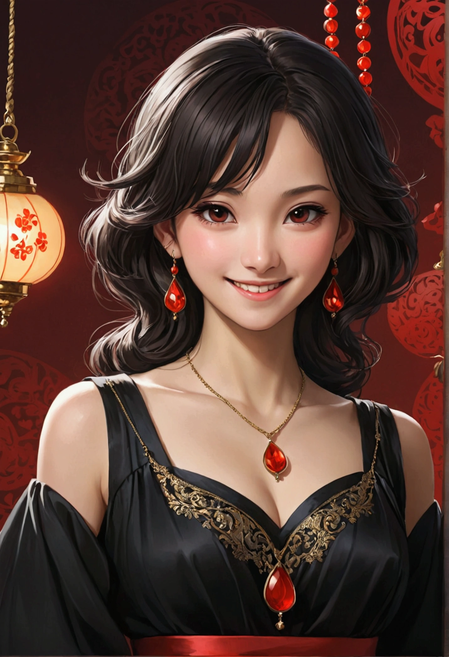 1 girl, por kayahara, smile, by the wide, dark dress, Upper part of the body,  red pendant 