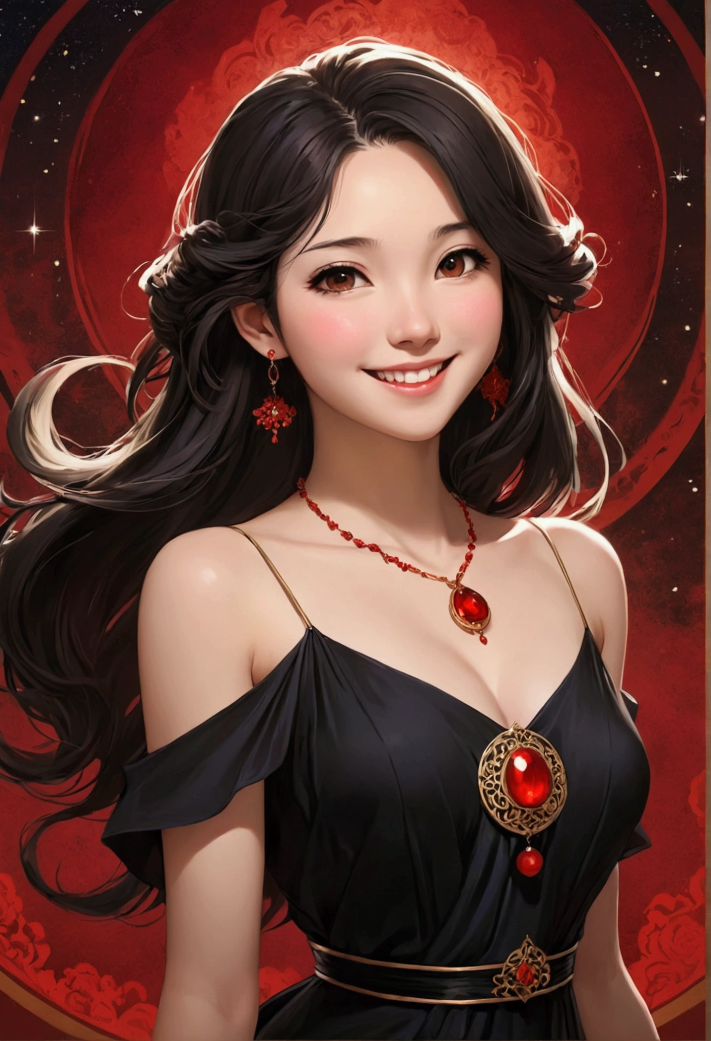 1 girl, por kayahara, smile, by the wide, dark dress, Upper part of the body, red pendant