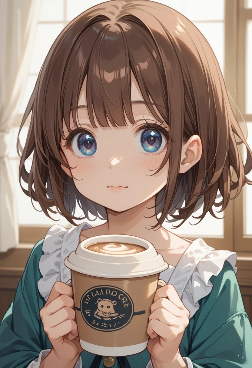 young girl holding a cup of coffee in her hand, cutie, sweet-beautiful face, pretty face, Sakimi-chan, What, Yoshitomo Nara, молодое pretty face, beautiful face of a Japanese girl, brown hair and big eyes, Cute beautiful girl, beauty