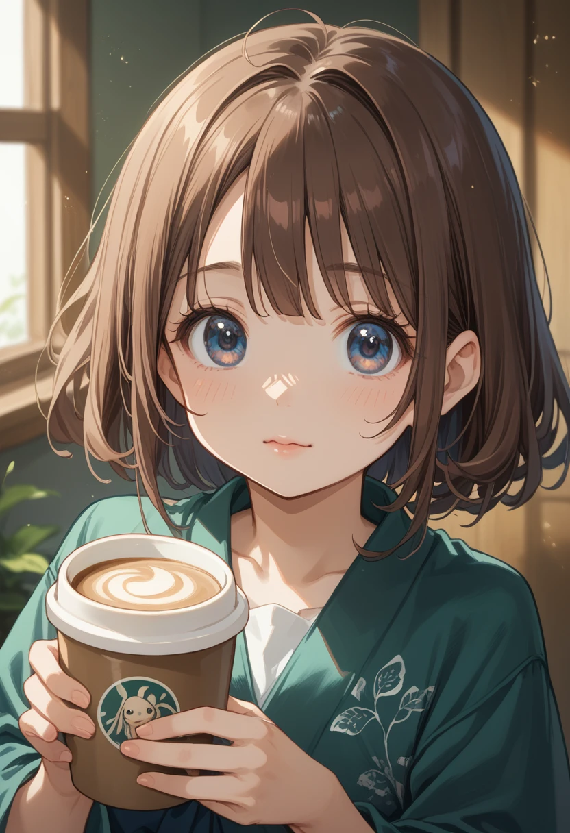 young girl holding a cup of coffee in her hand, cutie, sweet-beautiful face, pretty face, Sakimi-chan, What, Yoshitomo Nara, молодое pretty face, beautiful face of a Japanese girl, brown hair and big eyes, Cute beautiful girl, beauty