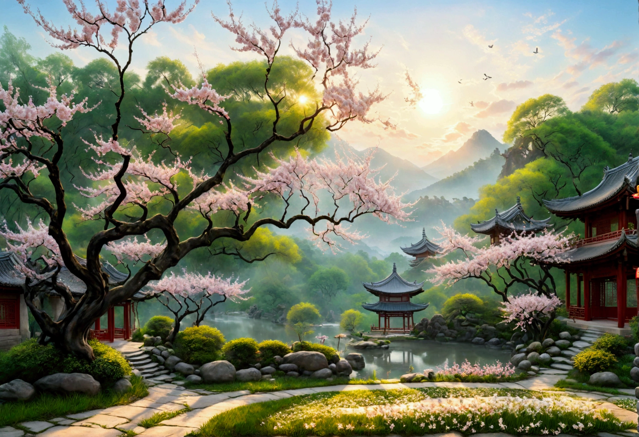 Create a world-class masterpiece that intertwines the elegance of Tai Chi with the simplicity and beauty of everyday life. Imagine a serene park at dawn, where an graceful girl gracefully practices Tai Chi under a blossoming cherry tree, his movements fluid and harmonious. Nearby, a family enjoys a peaceful morning, children playing and adults engaging in gentle conversation. The scene is imbued with a sense of balance and tranquility, capturing the essence of Tai Chi’s philosophy in the context of daily living. The artwork should blend traditional Chinese painting techniques with contemporary realism, emphasizing the harmony between humans and nature, and the peaceful coexistence of different generations,a warm color palette,Abstract screen,ultra-realistic realism,Clear contour light,rim-light,fanciful,spotlight lights