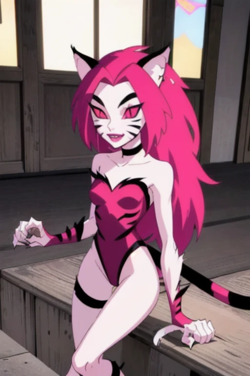NyaNya, 1girl, solo, pink eyes, pink hair, pink skin, long hair, cat ears, pink sclera, cat tail, claws, slit pupils, pink lips, whisker markings, pink leotard, fangs, bare shoulders, choker, black leggings, room