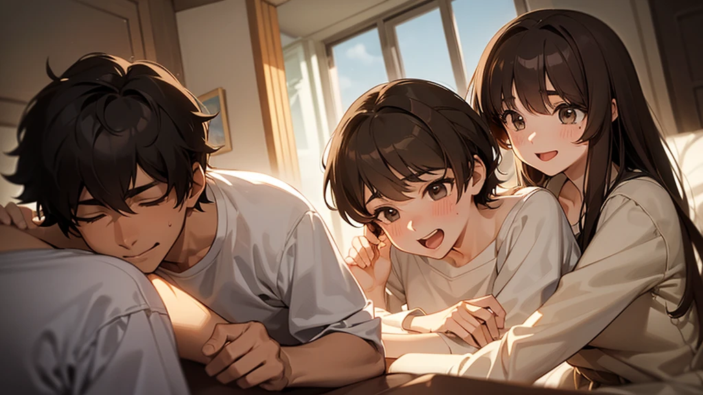 Take a photo of a moment of romance between a protagonist boy with dark brown hair and a sweet girl with light brown hair