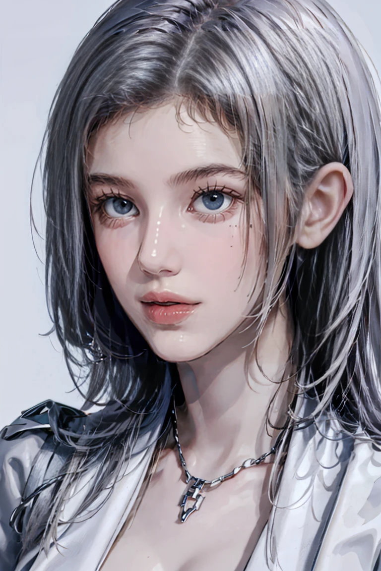 ((Woman with tattoo on chest)), girl, ((long white hair with bangs,,, Black strands of hair)), Purple eyes, White T-shirt and white cape, Pendant around the neck. 超High resolution.Realistic. 超High resolution.Realistic:1.4,超High resolution. Realistic，High resolutionで, masterpiece, Highest quality, Very detailed, Better Shadows, Volumetric lighting), super high quality, High resolution, 8k, 超Realisticな肖像画 , Realistic, Dynamic Lighting, Volumetric lighting, Very detailed顔,(Browsing Caution:1.0), Full Body Stand Posture, Thin legs, ((Large Breasts)), Detailed facial details, Natural and beautiful standing posture,