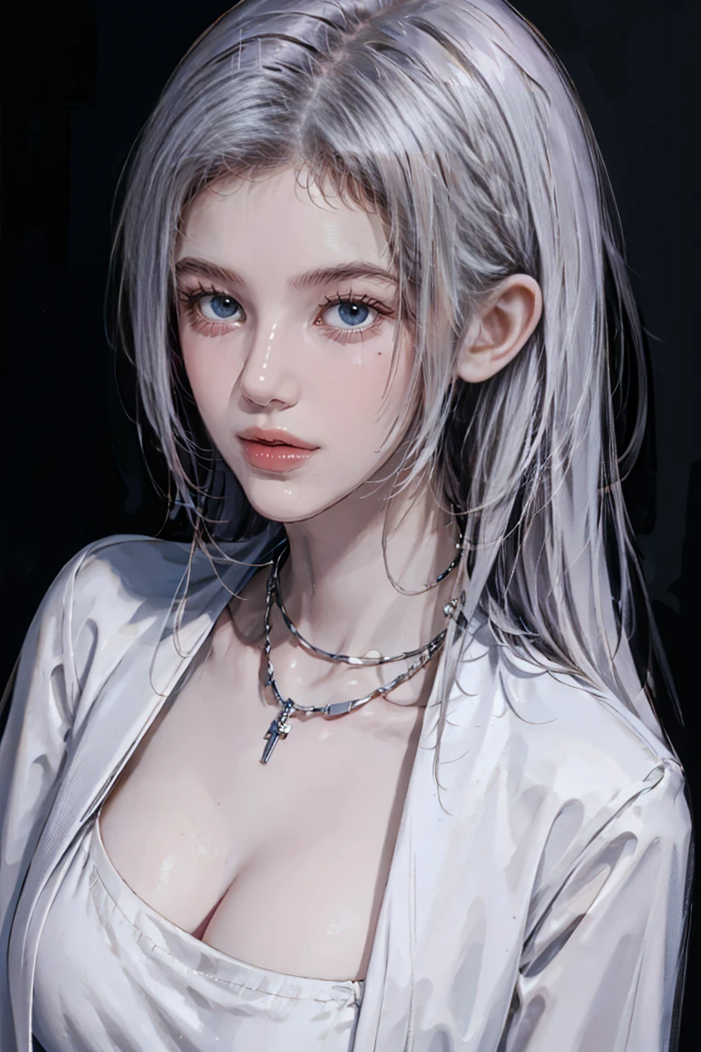 ((Woman with tattoo on chest)), girl, ((long white hair with bangs,,, Black strands of hair)), Purple eyes, White T-shirt and white cape, Pendant around the neck. 超High resolution.Realistic. 超High resolution.Realistic:1.4,超High resolution. Realistic，High resolutionで, masterpiece, Highest quality, Very detailed, Better Shadows, Volumetric lighting), super high quality, High resolution, 8k, 超Realisticな肖像画 , Realistic, Dynamic Lighting, Volumetric lighting, Very detailed顔,(Browsing Caution:1.0), Full Body Stand Posture, Thin legs, ((Large Breasts)), Detailed facial details, Natural and beautiful standing posture,