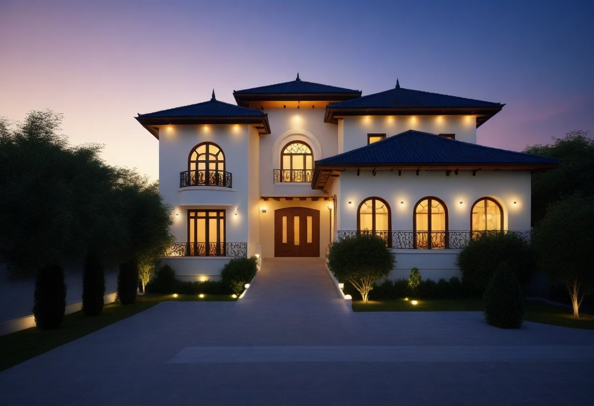 When design a MEDITERRANEAN EXTERIOR house, exterior design, (dark blue roof:1.1), (roof tile:1.2), (indochine style:1.1), ((Iron with artistic patterns detail:1.3) designed to make railings, windows),(xingfa door), (curved arch:1.35), (white wall), (nigh light:1.2), (night view:1.2),designed to make gates, railings, windows), The house bathed in natural nightlight and has warm LED lighting. Super sharp like photos taken with a professional camera, color block wall detail, (|color block materials| in neoclassic house), white color block neoclassic house (((volumetric light))), (outdoor ceiling spotlight:1.2), (Exterior night reverse lights:1.2), (|neoclassical cornice|), The focal point of the room the warm LED light with a color temperature of 3600k, |reverse lights| illuminate the columns around the house, night, 8k uhd, dslr, soft lighting, high quality, film grain, Fujifilm XT3 day, 8k uhd, dslr, soft lighting, high quality, film grain, Fujifilm XT3, The ambient lighting highlights the textures and details, creating a stock photo-like atmosphere, (((Best Quality))), ((Masterpiece)), ((best illustration)), ((best shadows)), ((Super Detail)), (Intricate lines), (Photorealism),(hyper detail), ((archdaily)), ((award winning design)), (dynamic light), ((day)), (perfect light), (shimering light), (hidden light), ((photorealistic)), ((FKAA, TXAA, RTX, SSAO)), ((Post Processing)), ((Post-Production)), ((CGI, VFX, SFX)), ((Full color)) ,((Unreal Engine 5)), ((intricate detail)), ((extreme detail)), ((science)), ((hyper-detail)), ((super detail)), ((super realistic)), ((crazy detail)), ((octane render)), ((Cinematic)), ((trending on artstation)), ((High-fidelity)), ((Viwvid)), ((Crisp)), ((Bright)), ((Stunning)), ((Eye-catching)), ((High-quality)),((Sharp))((Bright)), ((Stunning)), Natural, ((Eye-catching)), ((Illuminating)), ((Flawless)), ((High-quality)),((Sharp edge render)), ((medium soft lighting)), ((photographic render)), ((detailed archviz))