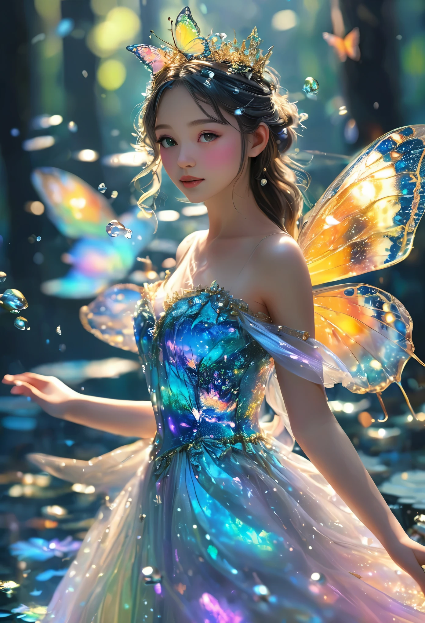 A beautiful, glorious woman, 8K Ultra HD, the dappled crown 8K Ultra HD, ultra-realistic, In the gentle embrace of the tranquil waters, behold a mesmerizing spectacle - the ripples dancing in perfect harmony, converging into the shape of a crown, Each droplet, hinting of realism a gaussian gold bath top and bottom, ultra detailed cel shading drawing of a fairy with holographic dress flying, holographic dress, blushed, magical forest intricately detailed, butterflies, tiny fireflies, stunningly beautiful face, focus on face, dynamic pose, holographic, light particles, ultra detailed, hit definition, 32k resolution, best quality, flat lighting, flat colors, manga, anime, cartoon, vector, (colorful and vibrant) ((high saturation))